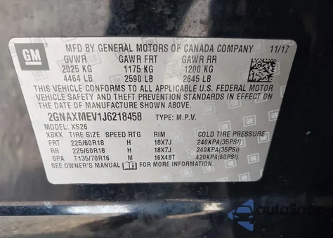 2018 Chevrolet Equinox Premier из США, поврежденный, VIN 2GNAXMEV1J6218458